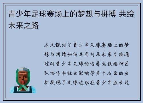 青少年足球赛场上的梦想与拼搏 共绘未来之路