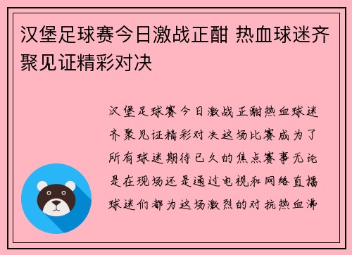 汉堡足球赛今日激战正酣 热血球迷齐聚见证精彩对决