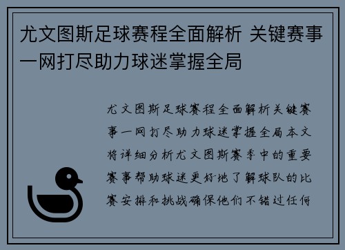 尤文图斯足球赛程全面解析 关键赛事一网打尽助力球迷掌握全局