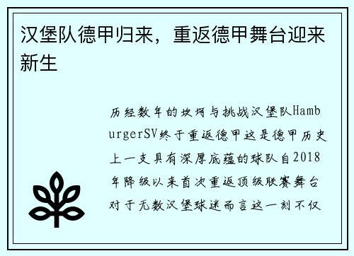 汉堡队德甲归来，重返德甲舞台迎来新生
