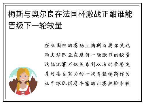 梅斯与奥尔良在法国杯激战正酣谁能晋级下一轮较量