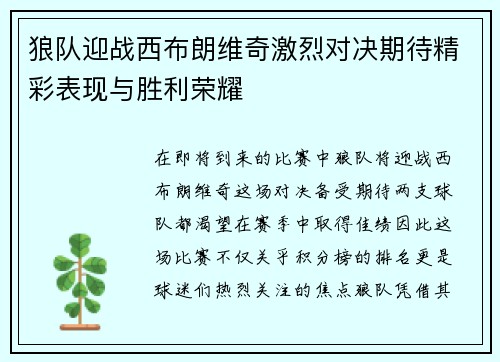 狼队迎战西布朗维奇激烈对决期待精彩表现与胜利荣耀