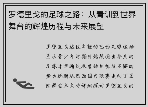 罗德里戈的足球之路：从青训到世界舞台的辉煌历程与未来展望