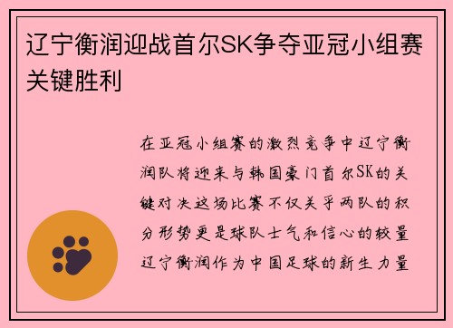 辽宁衡润迎战首尔SK争夺亚冠小组赛关键胜利