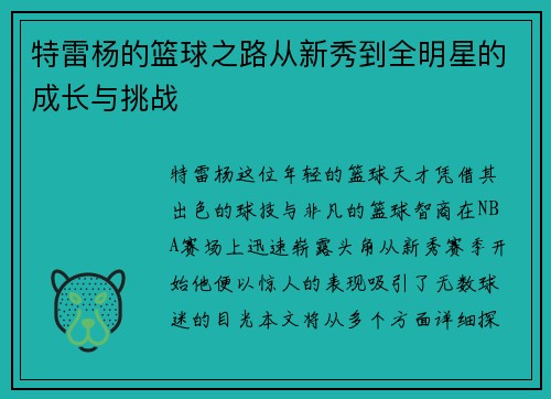 特雷杨的篮球之路从新秀到全明星的成长与挑战