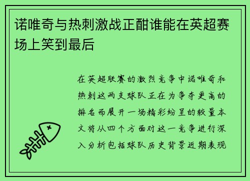 诺唯奇与热刺激战正酣谁能在英超赛场上笑到最后