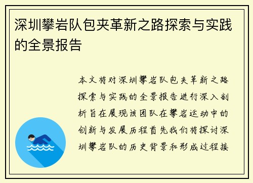 深圳攀岩队包夹革新之路探索与实践的全景报告