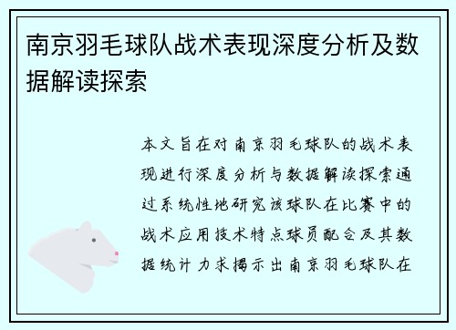 南京羽毛球队战术表现深度分析及数据解读探索