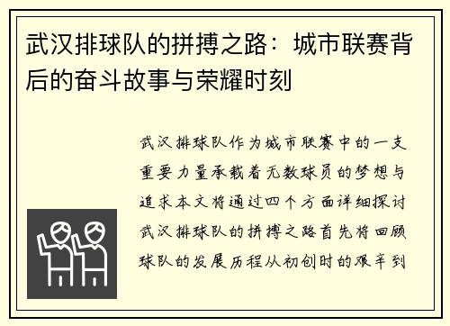 武汉排球队的拼搏之路：城市联赛背后的奋斗故事与荣耀时刻